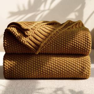 100% Cotton Cable Knit Throw Blanket, Lightweight Soft Knit Blanket for Sofa Couch Bed, Breathable All-Season Throw, Cozy Decorative Blanket, 50 x 60 Inch,Mustard