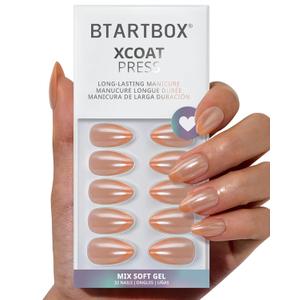 BTArtbox Press On Nails Short - Sunlit Grace, Lamp-Curable Orange Chrome French Tip Almond Press On Nails with Glue and Adhesive Tabs for Women in 16 Sizes - 32 Nails All-in-One Kit