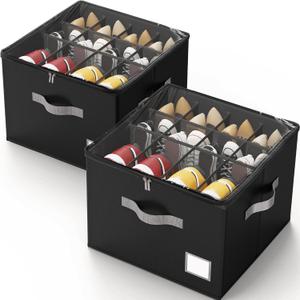 Criusia Shoe Organizer for Closet, Foldable Shoe Storage Organizer with Clear Cover and Sturdy Handles, Fit 12-16 Pairs, Closet Organizer for Shoes Sneakers Sandals Heels, 2 Pack, Black