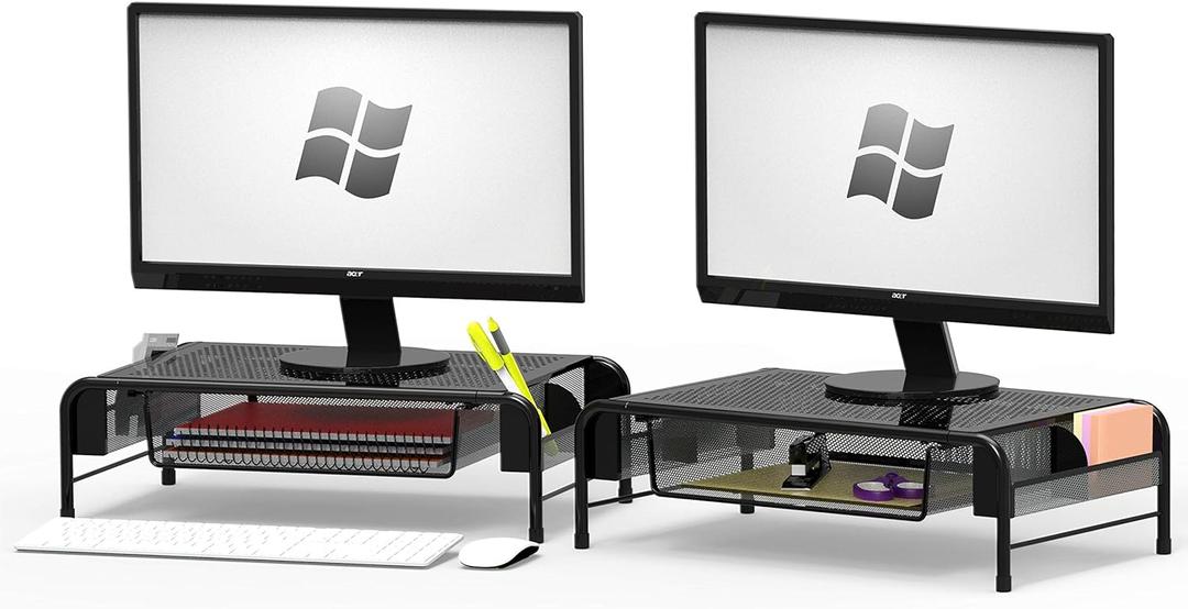 Simple Houseware Metal Desk Monitor Stand Riser with Organizer Drawer, Black, 2 Pack