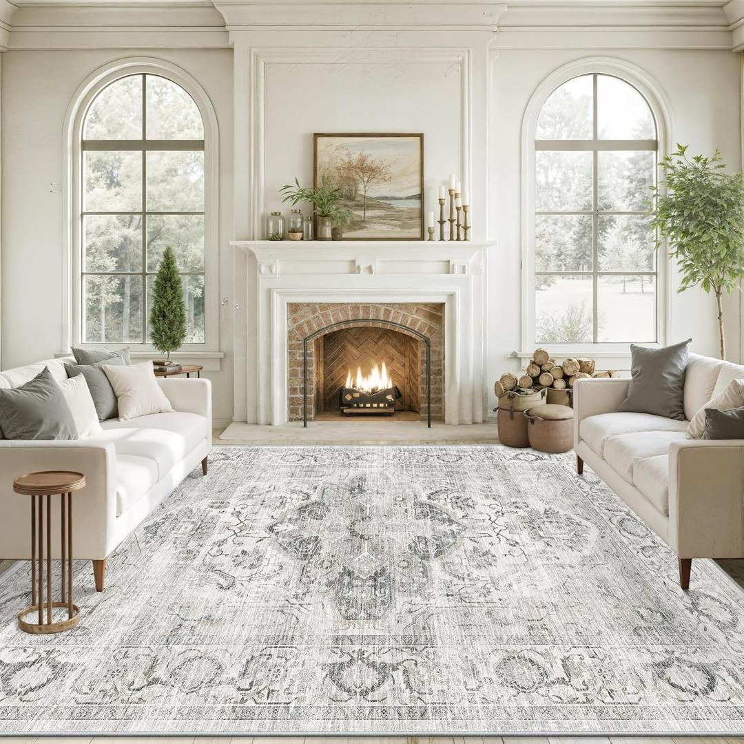10x14 Area Rugs for Living Room, Machine Washable Non Slip Vintage Rug, Non-Slip Stain Resistant, Large Soft Home Decor Rug for Bedroom Dining Room (Ivory/Gray,10'x14')