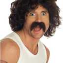 Fun Shack Men's Curly Brown Wig & Moustache Set Adult Costume (One Size, Black)