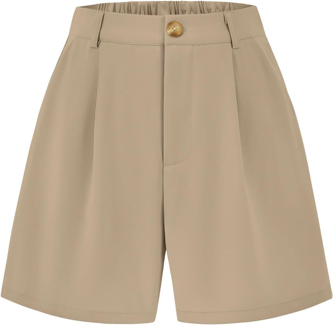 KIRUNDO Shorts for Women Dressy Casual Summer High Waisted | Elastic Waist, Pleated Design, With Belt Loop & Pockets, Wide Leg Tailored Work Shorts, Elegant Professional Office Outfits (Beige, XXL)
