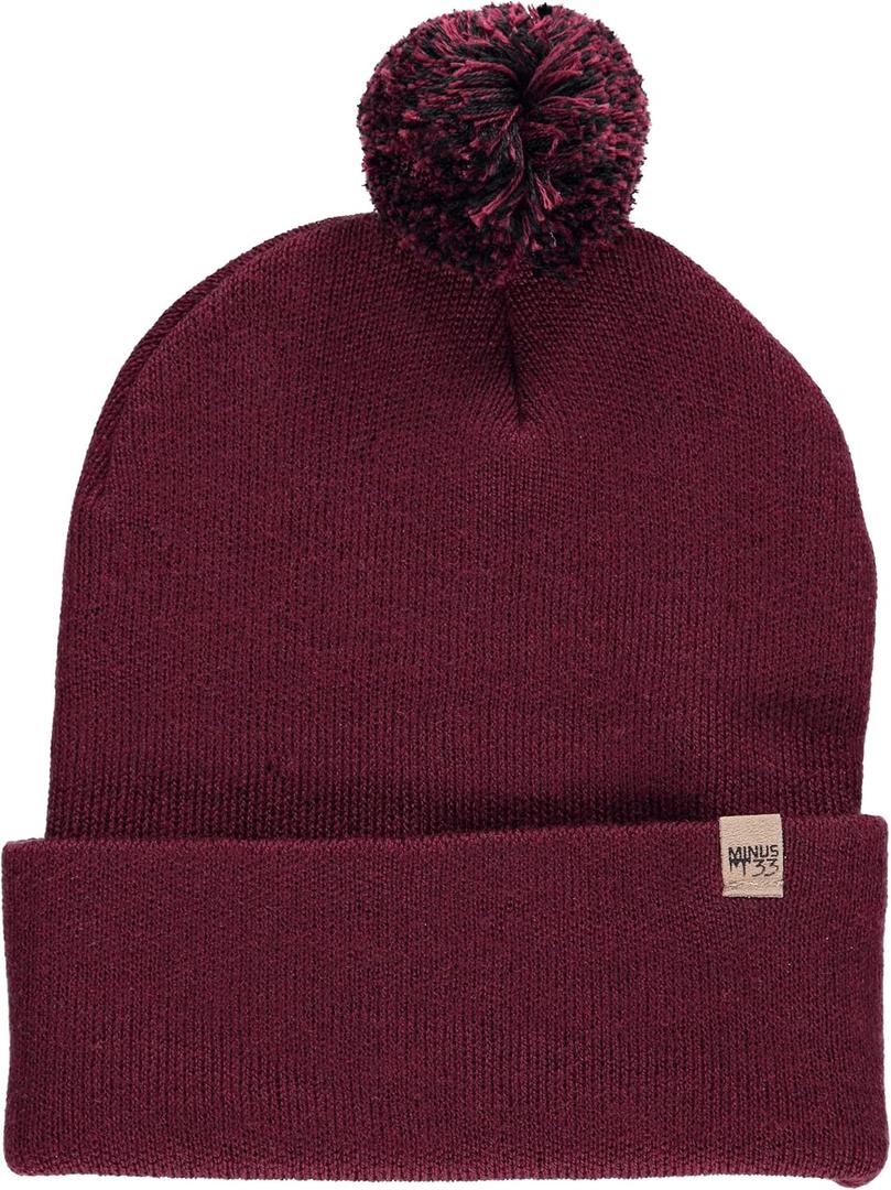 Minus33 Midweight Everyday Knit Cuff Pom Beanie - 100% Merino Wool Winter Hat (One Size, Burgundy With Black and Burgundy Pom)