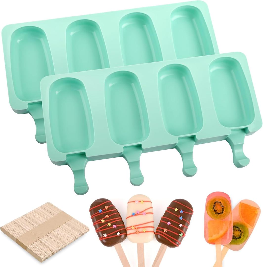 WMKGG Popsicle Silicone Molds Set, 2 PCS Ice Cream Molds with 50 Wooden Sticks for Cake Pop, Ice Pop, Cakesicles (Standard Size/Green)