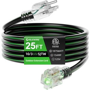 25FT 10/3 Outdoor Extension Cord, 10 AWG Ultra Heavy Duty 3-Prong SJTW, Waterproof, Flexible Cold-Resistant, Indoor/Outdoor, LED Lighted End, 15 Amp 1875W, Black & Green, ETL Listed
