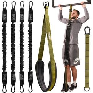 Pull Up Assistance Bands Set - 4 Heavy-Duty Pull Up Bands, Height Adjustable Strap & Comfortable Foot Strap - Stackable Pull Up Resistance Bands for Pull Ups (Military Green)