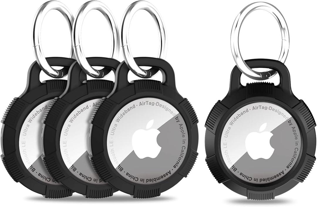 AirTag Holder Keychain Case, Apple Air Tag Accessories, Solid Full-Body Protection Anit-Sratch Clear Shell, Works with Keychain, Bags, Dog Collar, Luggage and More, 4 Pack Black