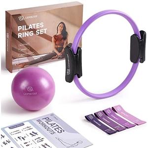 LIONSCOOL Pilates Ring Set – 14" Anti-Deformation Magic Circle with Padded Handles, Mini Ball, Resistance Bands, Guide & Bag