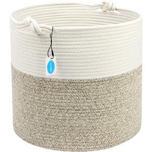 Casaphoria Natural Woven Cotton Rope Storage Basket for Organizing Towels Blanket Laundry Baskets for Bathroom,Tall Laundry Basket for Bedroom,Bicolor Round Woven Hampe with Handles for Living Room (White & Brown)