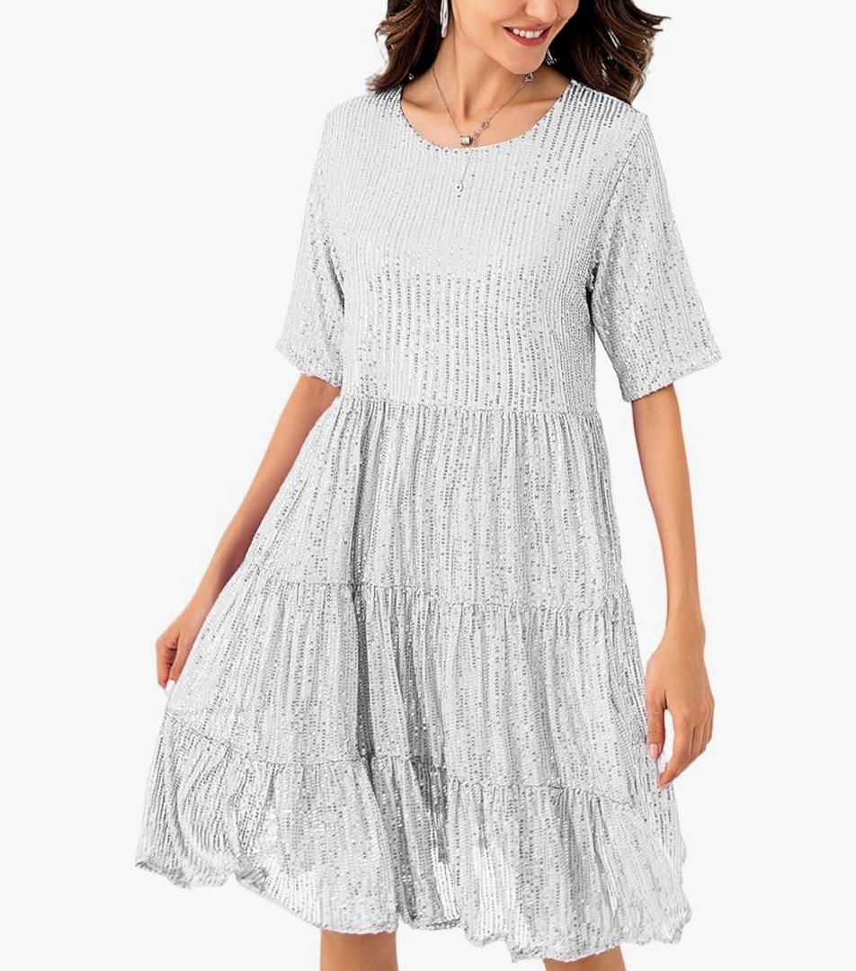 Sequin Babydoll Summer Dress，Sparkly Glitter Dress Short Flowy Tiered Tunic Dress for Women Party Club Night M