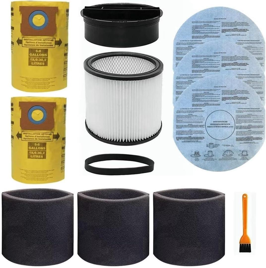 Replacement Filter for Shop Vac 90304 90350 90333, Vacuum Bags for Shop Vac 5-8 Gallon, 90585 Foam Sleeve Filter and 9010700 Paper Disc Filter, fits Most Wet/Dry Vacuum Cleaners 5 Gallon and above