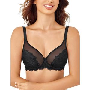 Avidlove Bras for Women Lace Minimizer Bra Full Coverage Mesh Underwire Bra with Centering Cups Sexy Unlined Brasieres (Black)