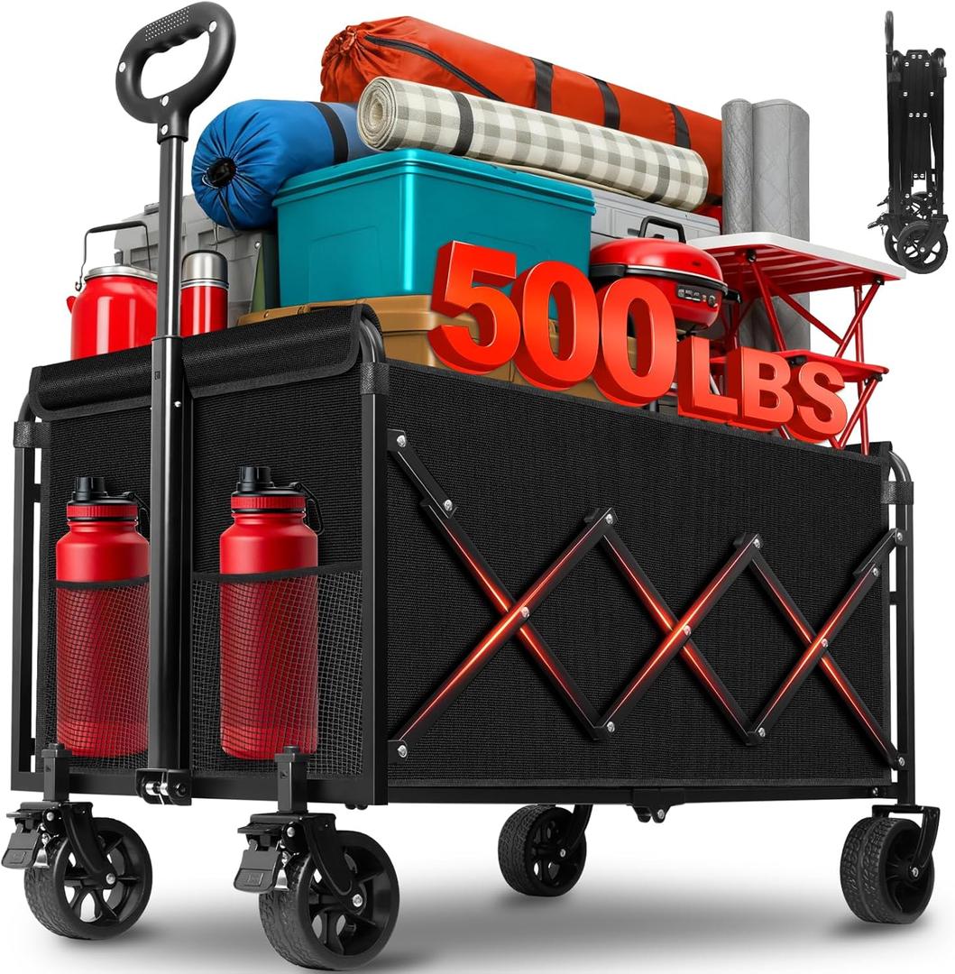 Collapsible Wagons Carts Foldable, 500LBS Heavy Duty Wagon Cart Foldable with Brakes & All-Terrain Wheels 34'' Extra Long Folding Wagon Portable Lightweight for Camping, BeachSports, Shopping (Black)