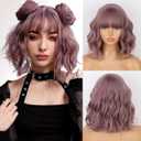 MISSQUEEN Short Wavy Wigs for Women, Synthetic Cute Purple Wavy Wigs with Bangs,14inch Natural Curly Synthetic Women Bob Wig (Purple)