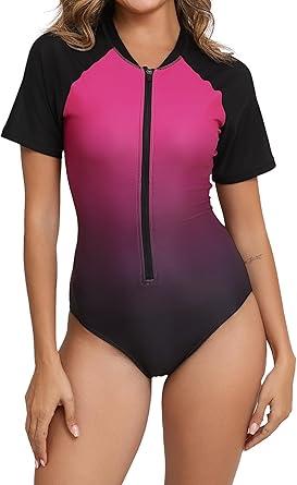 Halcurt Women's Short Sleeve One Piece Rash Guard Swimsuit Zip Front UPF50+ Surfing Athletic Bathing Suit (Large, Ombre Hot Pink Black)
