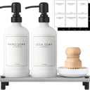 Kitchen Soap Dispenser Set with Instant Dry Tray,16 Oz Hand and Dish Soap White Glass Dispenser Set,Stainless Steel Pump,Waterproof Labels,Dish Brush,Luxury Soap Bottle for Kitchen,Bathroom