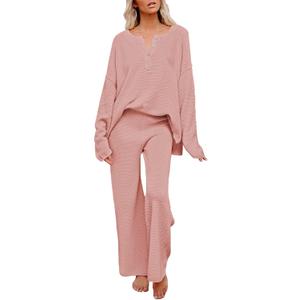 Pink Queen Women's 2 Piece Fall Outfit Lounge Set Long Sleeve Button Pullover Sweater Matching Wide Leg Pants Knit Sweatsuit (X-Large)