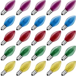SUNSGNE C7 Multicolor Christmas Replacement Bulbs, Clear Multicolor Incandescent Light Bulbs for C7 Outdoor Patio Christmas String Lights, E12 Candelabra Base, 5 Watt, 25 Pack SUNSGNE C7 Multicolor Christmas Replacement Bulbs, Clear Multicolor Incandescent Light Bulbs for C7 Outdoor Patio Christmas String Lights, E12 Candelabra Base, 5 Watt, 25 Pack