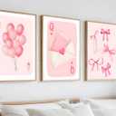 4 x 3 Pcs Fashion Pink Bow Canvas Wall Art Preppy Girly Aesthetic Painting Picture Wall Decor Balloon Envelope Poster Prints for College Apartment Girls Bedroom Living Room Home Decor (Poster 16x24 Inch)