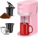 Horavie Mini Single Serve Coffee Maker for K-Cup Pod and Grounds, Fast Brew One Cup Coffee Machine with Descaling Reminder and Water Window, 6 to 12 oz. Brew Sizes, Pink
