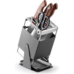 Universal Knife Block Holder - Stainless Steel Knife Holder without Knives for Kitchen Countertop Kitchen, Knife Organizer Holds 8 Knives and 1 Sharpening Steel for Large, Heavy Kitchen Knives (Grey) (Gray)