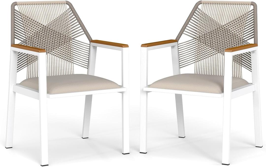 Aluminum Outdoor Patio Dining Chairs - Imitation Rope Vine Chair Ergonomic Backrest Design Detachable Seat Cushion Soft and Breathable Garden Porch White Set of 2