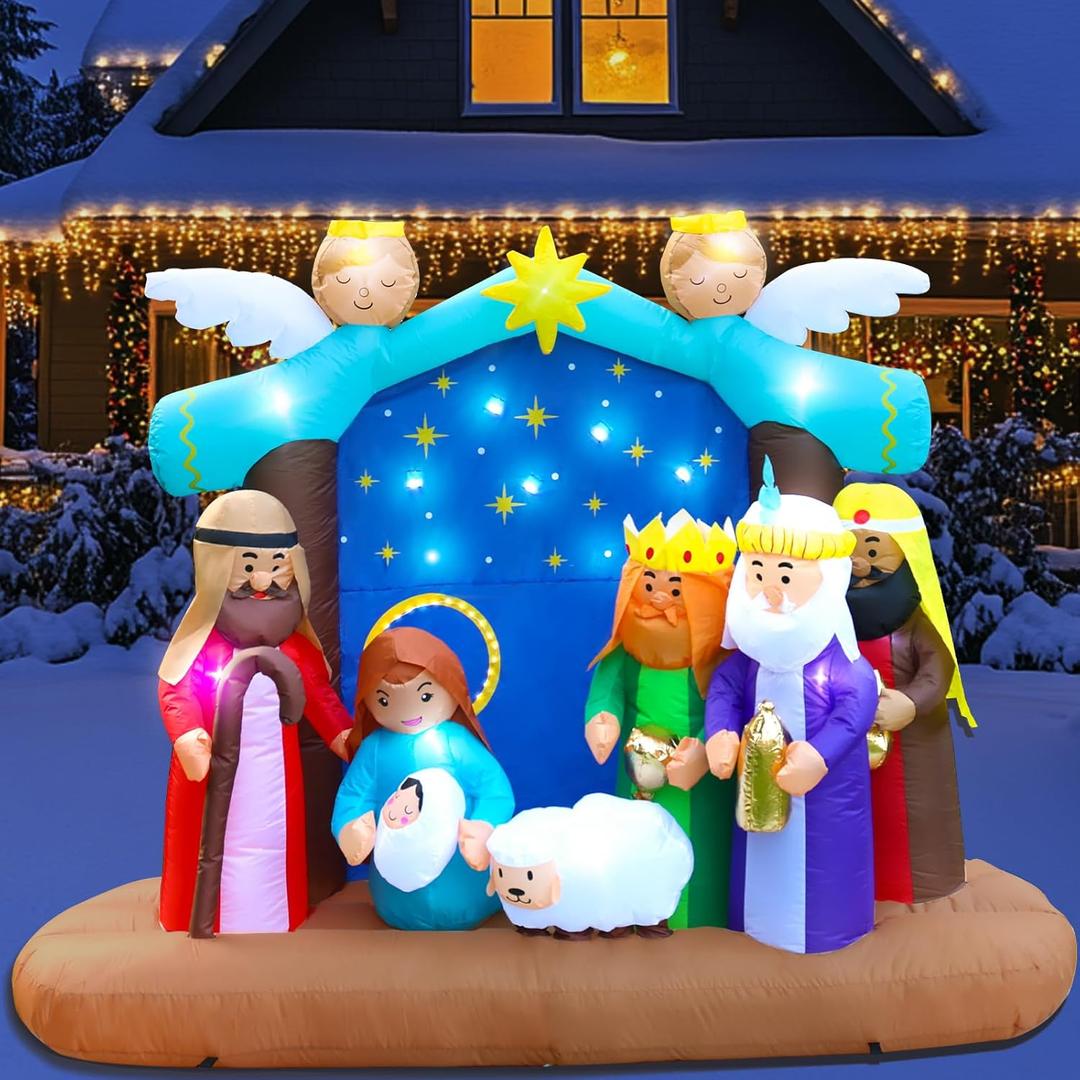 Inflatable Christmas Nativity Scene Decoration with 17 LED Lights & Copper String Lights, 210T Polyester Fabric, Complete Set with Air Blower, Stakes, Ropes, and Water Bags, 7ft Long and 5.6ft High