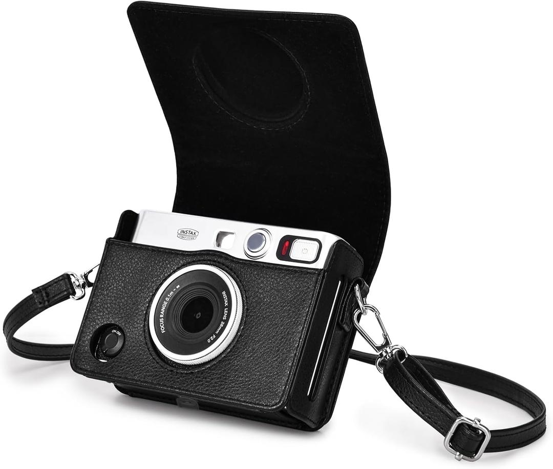 Rieibi Mini EVO Case - Vintage PU Leather Protective Bag for Fuji Instax Mini EVO Instant Camera - Removable Case with Adjustable Shoulder Strap Battery Charging Port - Black