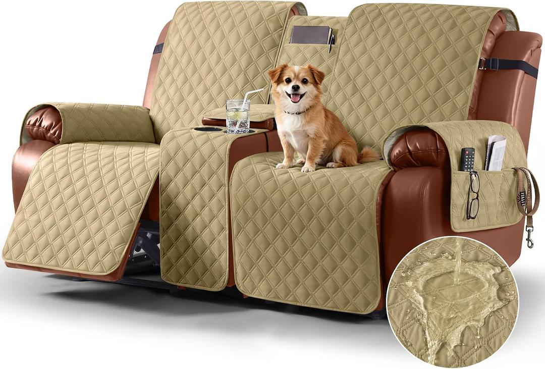 Ruaozz Waterproof Loveseat Recliner Cover with Console Non-Slip Reclining Couch Covers Split Sofa Slipcovers with Elastic Straps Furniture Protector for Kids, Dogs, Pets (Sand, 2 Seater)