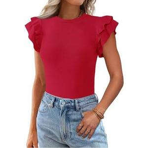 KIRUNDO Summer Sweaters for Women Lightweight 2025 Fall Ruffle Short Sleeve Business Casual Tops Slim Soft Knit T Shirts(Red, Large)
