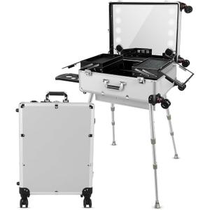 Aluminum Trolley Makeup Train Case with Led Light Rolling Makeup Case with Legs Suitcase Vanity with Lights with Stand Mirror Makeup Vanity Station (21 in, Silvery)