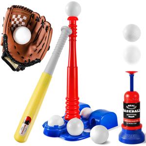 Tball Set for Kids, T Ball Sets for Toddlers 1-3, Baseball Toys with 6 Balls/Glove/Pitching Machine/Bat/Tee, Outdoor Sports Gifts for Boys Girls(Blue)