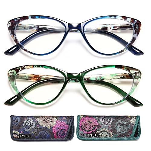 EYEURL Cat Eye Reading Glasses for Women, 2 Pack Blue Light Blocking Readers for Ladies Spring Hinge Fashion Pattern +3.50 Magnification Anti Eyestrain UV Protection