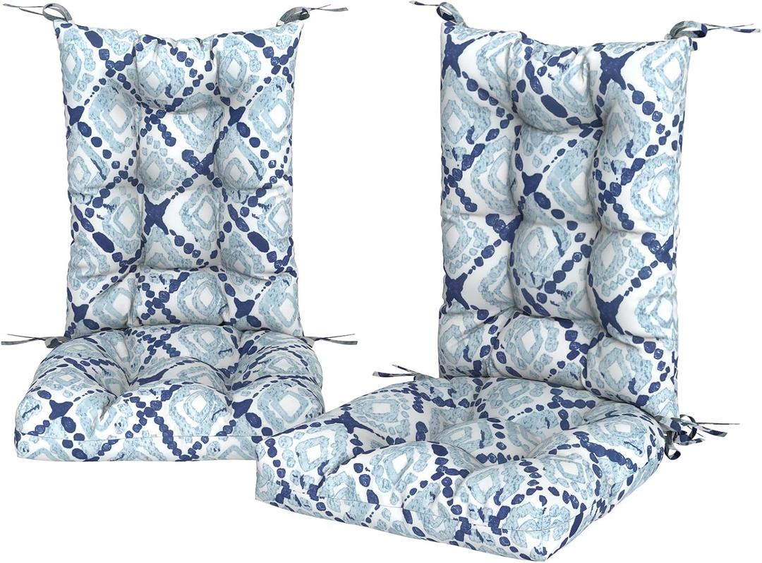 Set of 2 Rocking Chair Cushions for Outdoor/Indoor Use,Water Resisitant Tufted High Back Chair Pads for Patio,Porch,Balcony Rocker and Adirondack Furniture - Boho Geometry Blue