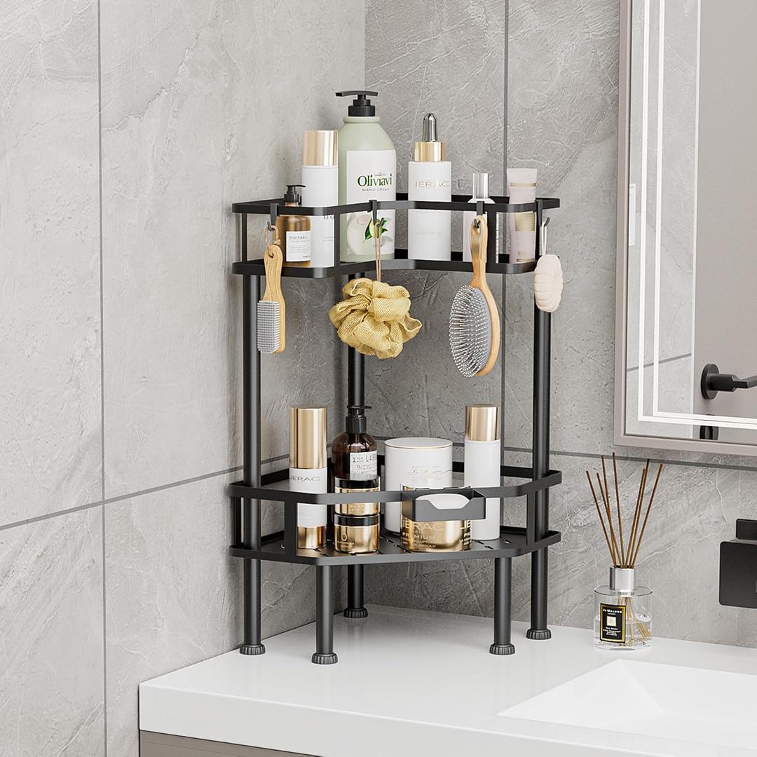 FJNATINH Corner Shower Caddy - 2 Tier Bathroom Counter Organizer Corner Shelf Metal Floor Corner Shower Stand Rack for Bathroom Vanity Organizers and Storage Kitchen Counter Shelf Organizer (Black)