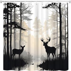 Forest Deer Shower Curtain Foggy Wildlife Hunnting Rustic Cabin Lodge Country Farmhouse Pine Tree Grey Elk Moose Shower Curtains Set Bathroom Polyester Fabric with Hooks (70" W x 70" L)