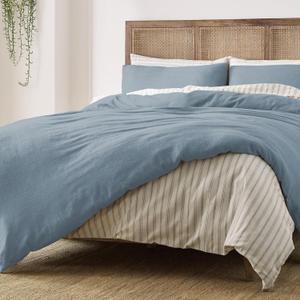 Duvet 100% Cotton Set, 3 Piece, Stone Washed Duvet Set Full/Queen Size 92" x 90" with 2 Matching Pillow Shams, Comforter Not Included, Vivie - Denim
