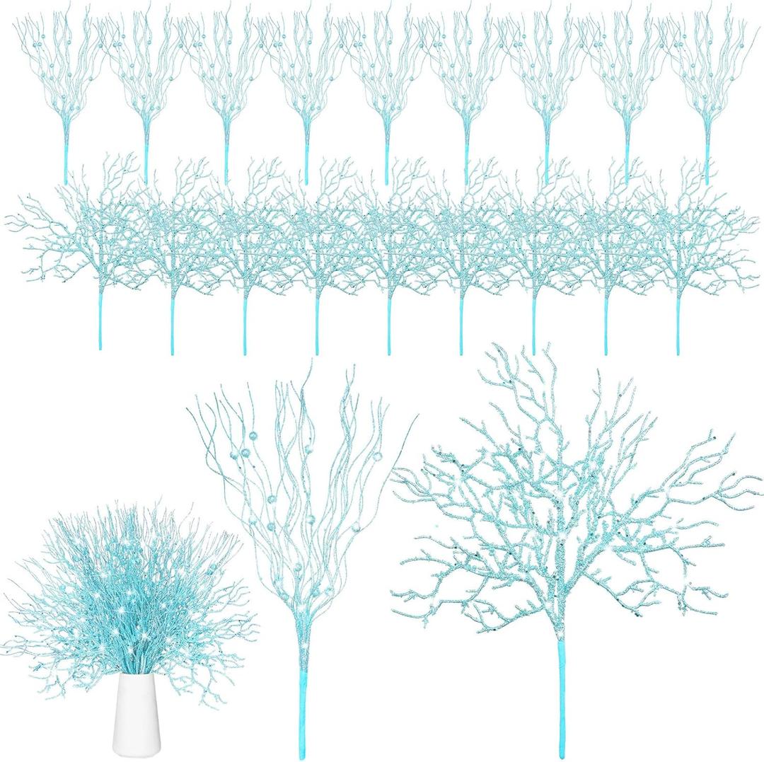 Namalu 18 Pcs Christmas Tree Picks Sprays 15 Inches Coral Ornament Coastal Teal Branch Picks Xmas Ornament Glitter Berry Stick Ornaments, Branches Glass Holiday Wedding Winter Decorate (Blue Ocean)