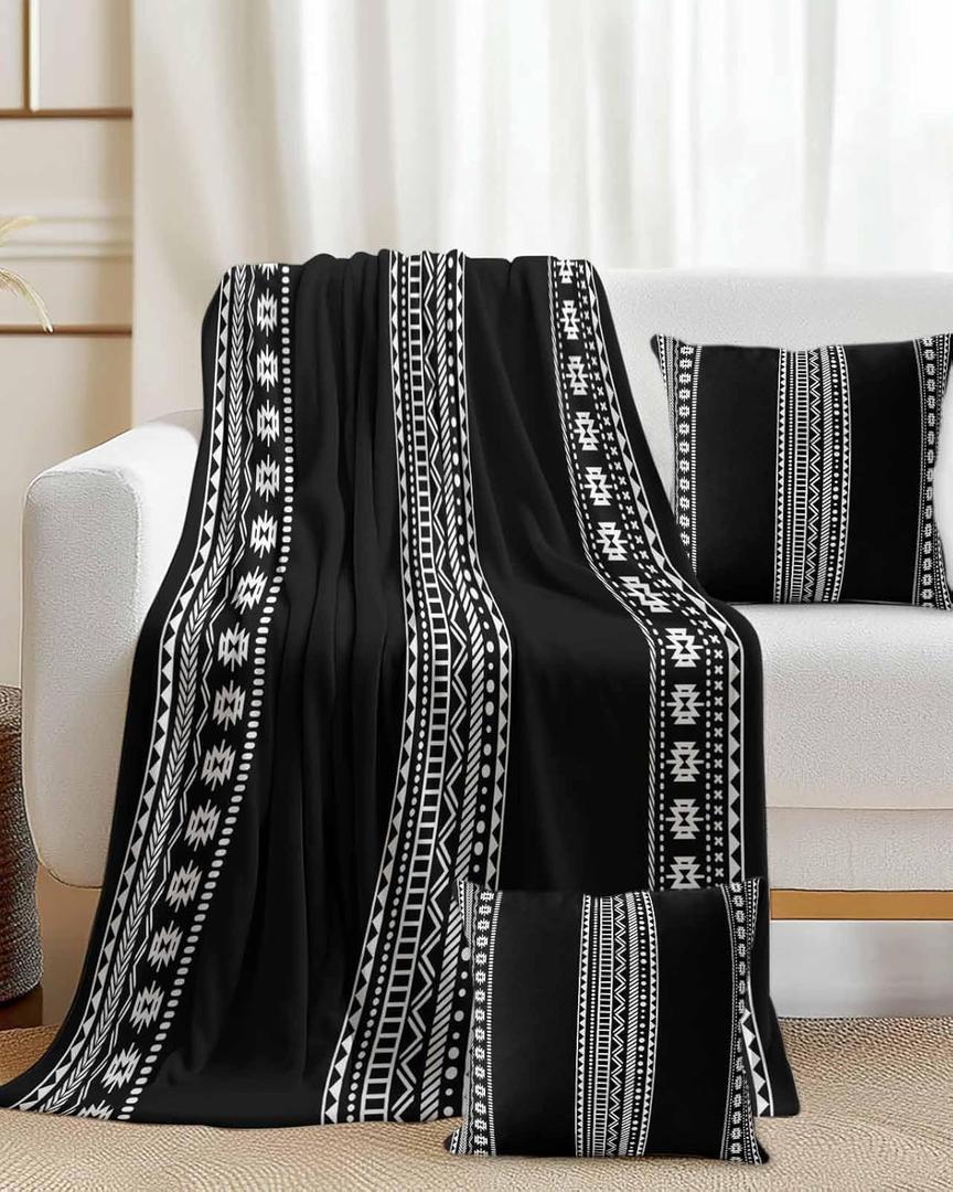 Black White Boho Geometric Throw Blanket and 2 Pillow Covers, Decorative Cozy Fuzzy Blankets, Modern Abstract Art 3 Pieces Soft Throw Blanket Set for Couch/Bed/Travel 40"x50"