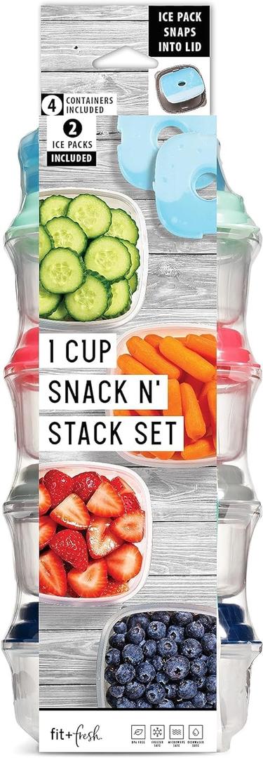 Fit & Fresh Small Plastic Containers With Lids 8 oz, Small Snack Containers With Lids, Reusable Leakproof Dressing and Condiment Containers With Two Attachable Ice Packs, 4PK, Light (1 Cup)