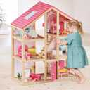 Tiny Land Wooden Dollhouse for Girls - 6 Rooms Wooden Doll House, DIY Pretend Doll House with 31Pcs Furniture Accessories, Creative Gift for Girl Ages 3+ (Pink)