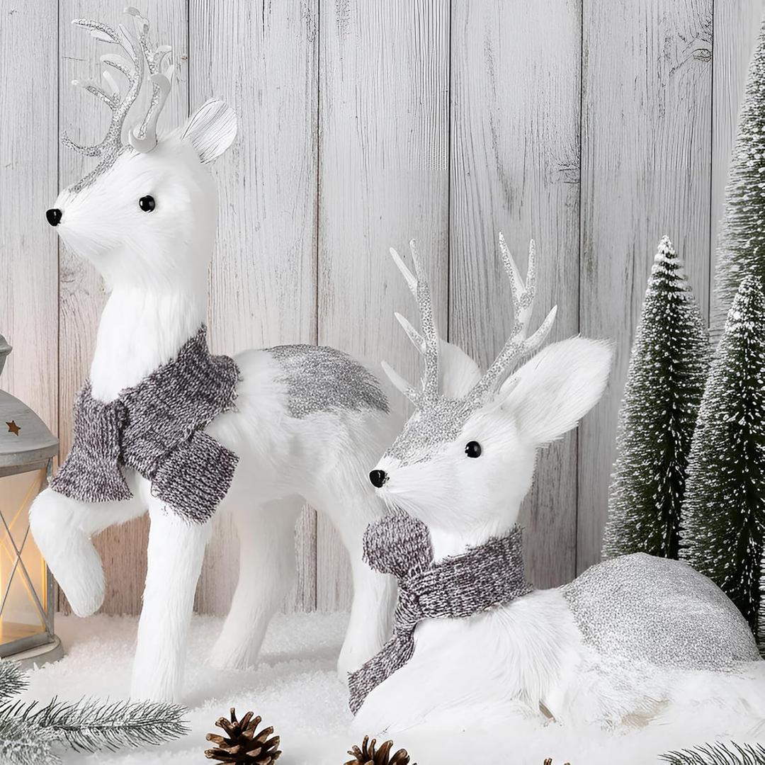 Set of 2 Silver Sisal Winter Reindeer Decor 14.5 Inch Glitter Winter Deer Figurines with Plush Scarf Woodland Animals Xmas Decorations Indoor Xmas Table Centerpiece Mantel Shelf Decor