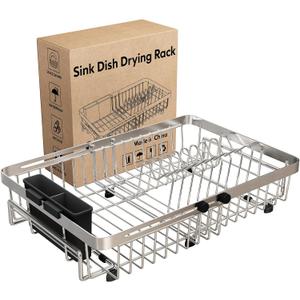 MAJALiS Expandable Stainless Steel Over The Sink Dish Drying Rack for Small Kitchen Counter Space Saving, Compact RV Plate Drainer Strainer in Silver Wire Metal with Hanging Adjustable Utensil Holder
