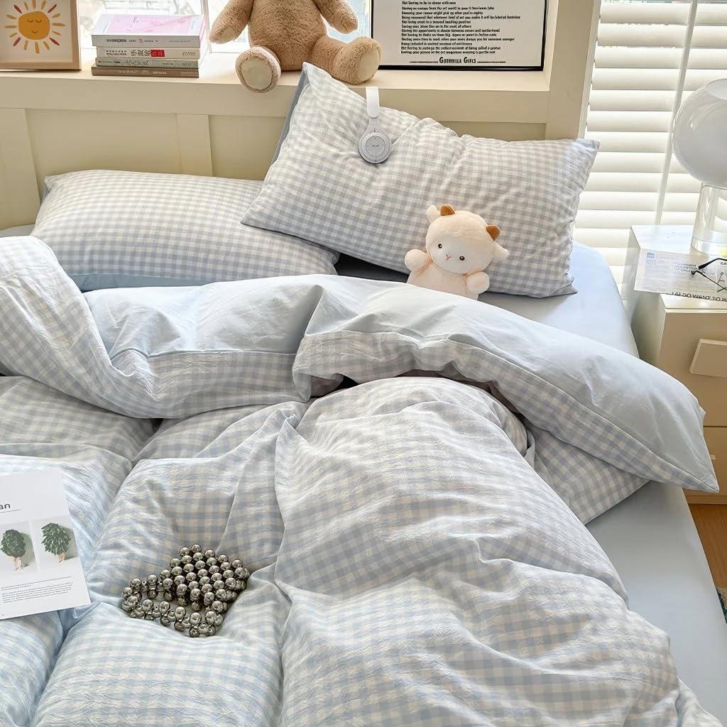 Nayoroom Blue Gingham Duvet Cover Queen Size Reversible Plaid Checkered Duvet Cover 3 Pieces Soft Breathable Washed Microfiber Girls Dorm Bedding Set for All Season