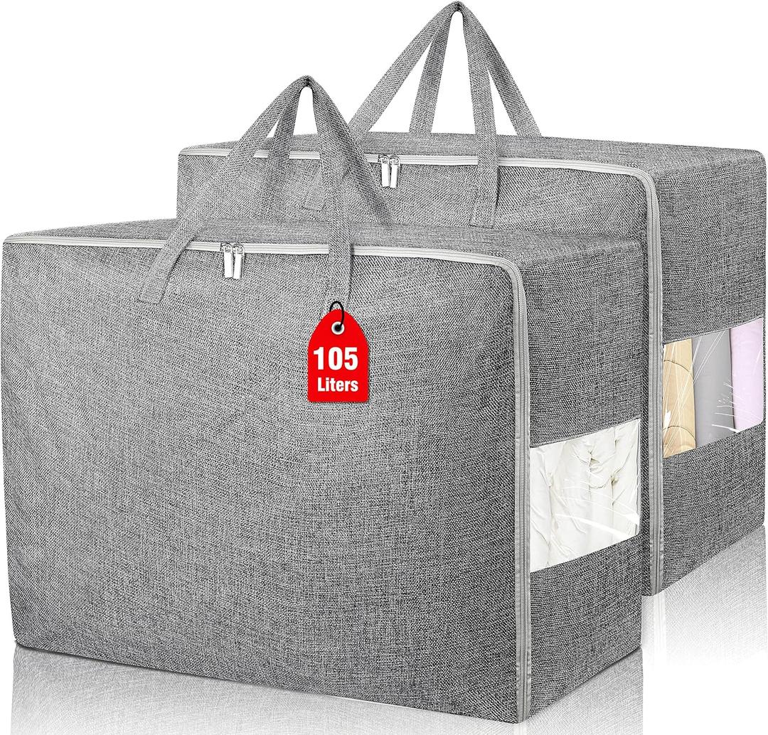 105L Extra Large Storage Bags, Folding Moving Comforter Blanket Storage Bags Closet Organizers and Storage Containers for Clothes with Strong Handles&Zippers Clear Window for Bedding Pillow Grey 2Pack