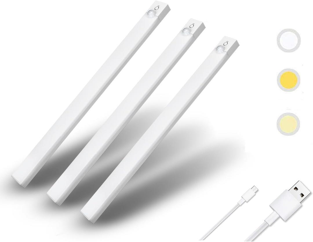 Under Cabinet Lighting 12 Inches Rechargeable Motion Sensor Light Indoor, 3 Color Dimmable Closet Light Battery Operated, USB Stick on LED Magnetic Under Counter Lights for Kitchen Stair, 3Packs