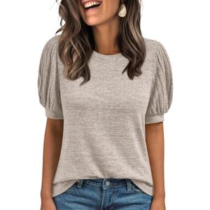 AUTOMET Womens Summer Short Sleeve Sweater Dressy Business Casual Blouses 2026 (Beige, M)