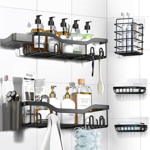 Shower Caddy Adhesive Shower Organizer 7-Pack, Rustproof Stainless Steel Bathroom Shelves, Large Capacity No-Drill Rack Storage Accessories with Soap Dish Toothbrush Holder &24 Hooks Home Decor (Black)