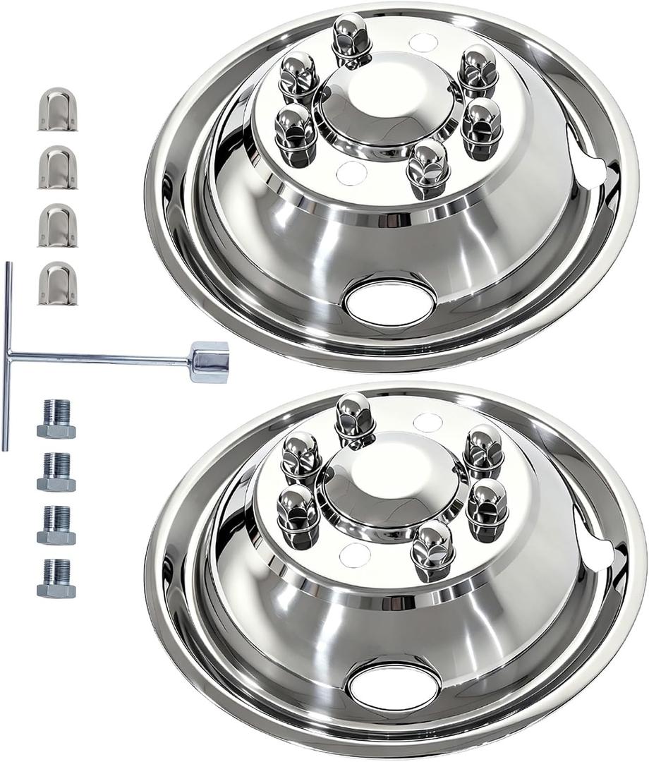 16" Wheel Simulators, 2-Pack Front,8-Lug Polished Stainless Steel RV Hub Caps, Snap-On Wheel Covers Compatible with Ford 2008-2025 E-350/E450 Dual Rear Wheel, 16"Front For E350 E450 2008-2026